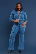 Fashion Denim Washed Long Sleeve Jumpsuit LX-3579