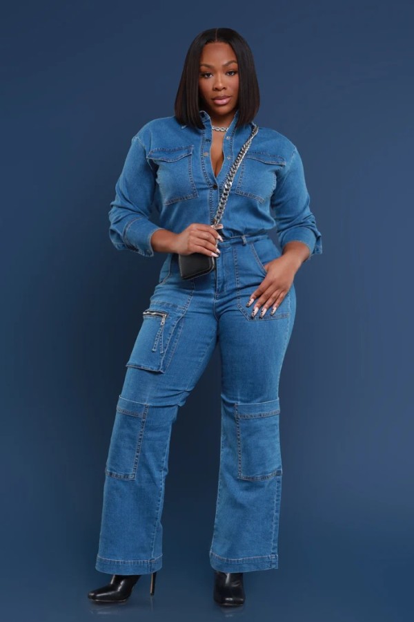 Fashion Denim Washed Long Sleeve Jumpsuit LX-3579