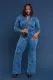 Fashion Denim Washed Long Sleeve Jumpsuit LX-3579