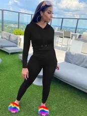 Solid Color Hooded Tight Pants Sport 2 Piece Set MIL-124
