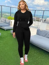 Solid Color Hooded Tight Pants Sport 2 Piece Set MIL-124