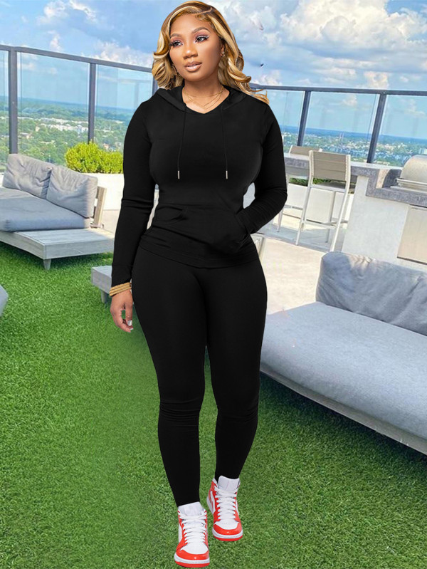 Solid Color Hooded Tight Pants Sport 2 Piece Set MIL-124