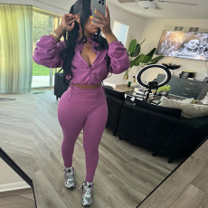 Solid Color Drawstring Tops Tight Pants 2 Piece Set XEF-K24S51552