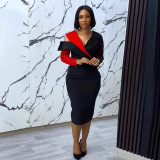 Contrast Color Patchwork Slash Shoulder Midi Dress NY-3377