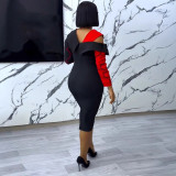 Contrast Color Patchwork Slash Shoulder Midi Dress NY-3377