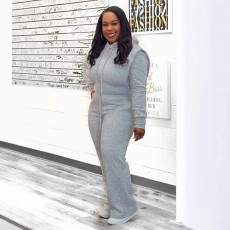 Plus Size Solid Hooded Sweatshirt Wide Leg Pants Suit NY-10969