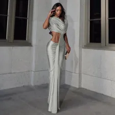 Solid Color Tight Pleated Split Maxi Dress XEF-K24D60047