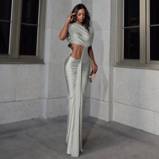 Solid Color Tight Pleated Split Maxi Dress XEF-K24D60047