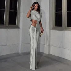 Solid Color Tight Pleated Split Maxi Dress XEF-K24D60047