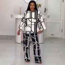 Plus Size Print Long Sleeve Loose 2 Piece Pant Set NY-10963