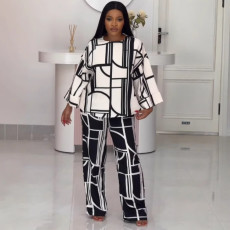 Plus Size Print Long Sleeve Loose 2 Piece Pant Set NY-10963