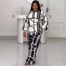 Plus Size Print Long Sleeve Loose 2 Piece Pant Set NY-10963