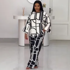 Plus Size Print Long Sleeve Loose 2 Piece Pant Set NY-10963