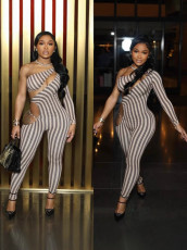 Pre Order: About 7 work days shipping Stripe Print Single Shoulder Long Sleeve Jumpsuit YUEM-2025001