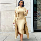 Plus Size Solid Padded Coat And Midi Dress 2 Piece Set(With Waist Belt)  XHSY-BT19484