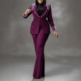 Plus Size Pearl Long Sleeve Blazer Two Piece Pants Set NY-3332