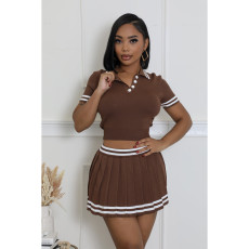 Contrast Color Knits Pleated Skirt 2 Piece Set ASL-6773