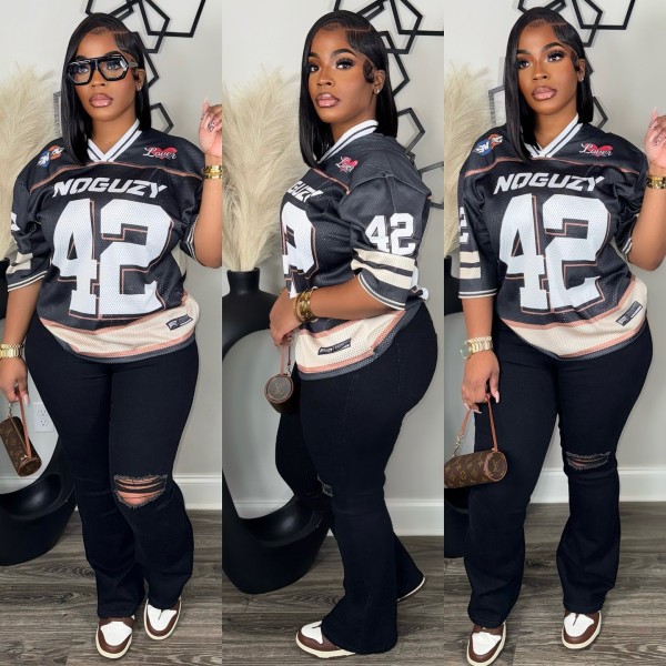 Pre Order: About 7 work days shipping Fashion Print 3/4 Sleeve Loose T Shirt YUEM-900902