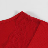 Letter Print V Neck Lace T Shirt YWXS-XS-XSL44780