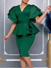 Plus Size Ruffle Solid Color Midi Dress GMLF-3314