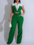 Sleeveless Patchwork Shirt Two Piece Pants Set AIL-307