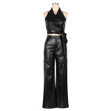 PU Leather Sleeveless Halter Two Piece Pants Set AIL-298