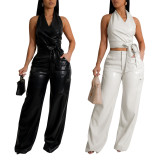 PU Leather Sleeveless Halter Two Piece Pants Set AIL-298