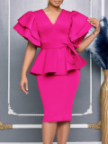 Plus Size Ruffle Solid Color Midi Dress GMLF-3314