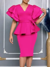 Plus Size Ruffle Solid Color Midi Dress GMLF-3314