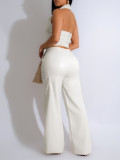 PU Leather Sleeveless Halter Two Piece Pants Set AIL-298