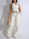PU Leather Sleeveless Halter Two Piece Pants Set AIL-298