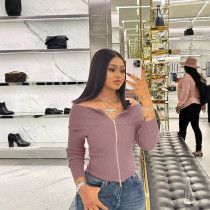 Long Sleeve One Shoulder Zipper Tops QOUY-6055