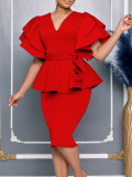 Plus Size Ruffle Solid Color Midi Dress GMLF-3314