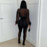Print Mesh See Through Shirt Pants Suit YNSF-2671