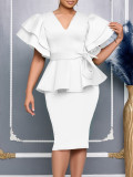 Plus Size Ruffle Solid Color Midi Dress GMLF-3314