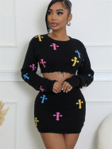 Fashion Print Long Sleeve Crop Tops Skirt Suit YWXS-XS-XSL44901