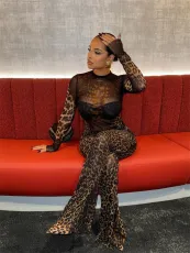 Mesh See Through Long Sleeve Leopard Suit YWXS-XS-XSL44796