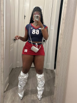 V Neck Color Block Print Two Piece Skirt Set YWXS-XS-XS5237