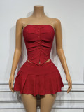 Solid Color Wrap Chest Tops And Pleated Skirt Suit YWXS-XS-XSL44585
