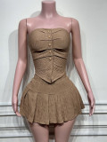 Solid Color Wrap Chest Tops And Pleated Skirt Suit YWXS-XS-XSL44585