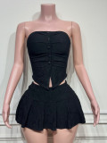 Solid Color Wrap Chest Tops And Pleated Skirt Suit YWXS-XS-XSL44585