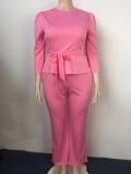 Plus Size Solid Long Sleeve Pants Two Piece Set GAWE-5339