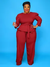 Plus Size Solid Long Sleeve Pants Two Piece Set GAWE-5339