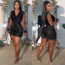 Plus Size V Neck Hot Dril See Through Mini Dress NY-3361