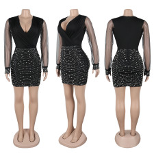 Plus Size V Neck Hot Dril See Through Mini Dress NY-3361