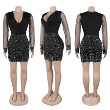 Plus Size V Neck Hot Dril See Through Mini Dress NY-3361