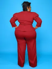 Plus Size Solid Long Sleeve Pants Two Piece Set GAWE-5339