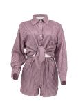 Stripe Print Shirt Shorts Two Piece Set GLF-10085