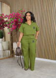 Print Short Sleeve Shirt Two Piece Pants Set OUQF-269