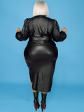 Plus Size PU Leather Long Sleeve Two Piece Skirt Set GDAM-129